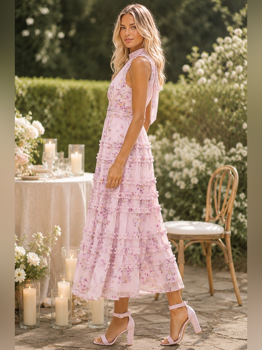 Lulus Happily Sweet Eden Light Pink Floral Sleeveless Ruffle Chiffon Midi Dress - Picture 2 of 10